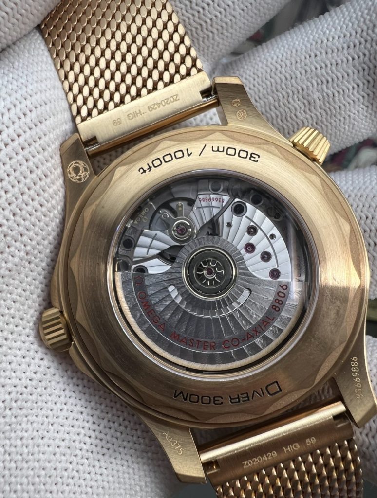 Open case back revealing the VSF integrated Co-Axial 8800 movement)