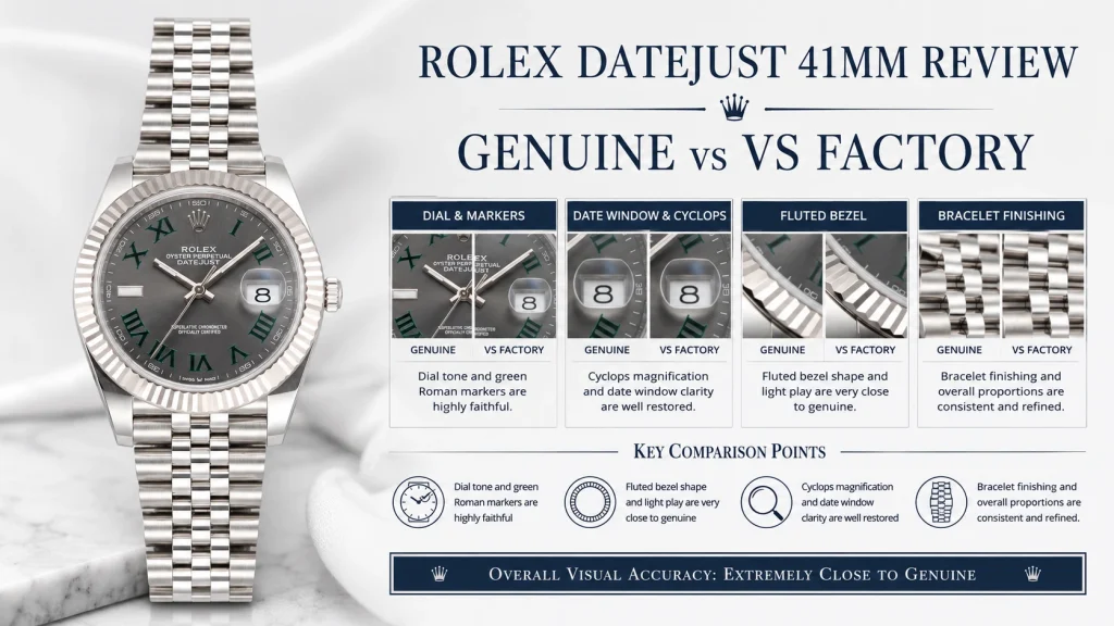 VS Factory vs genuine Rolex Datejust 41 Wimbledon 126334 comparison