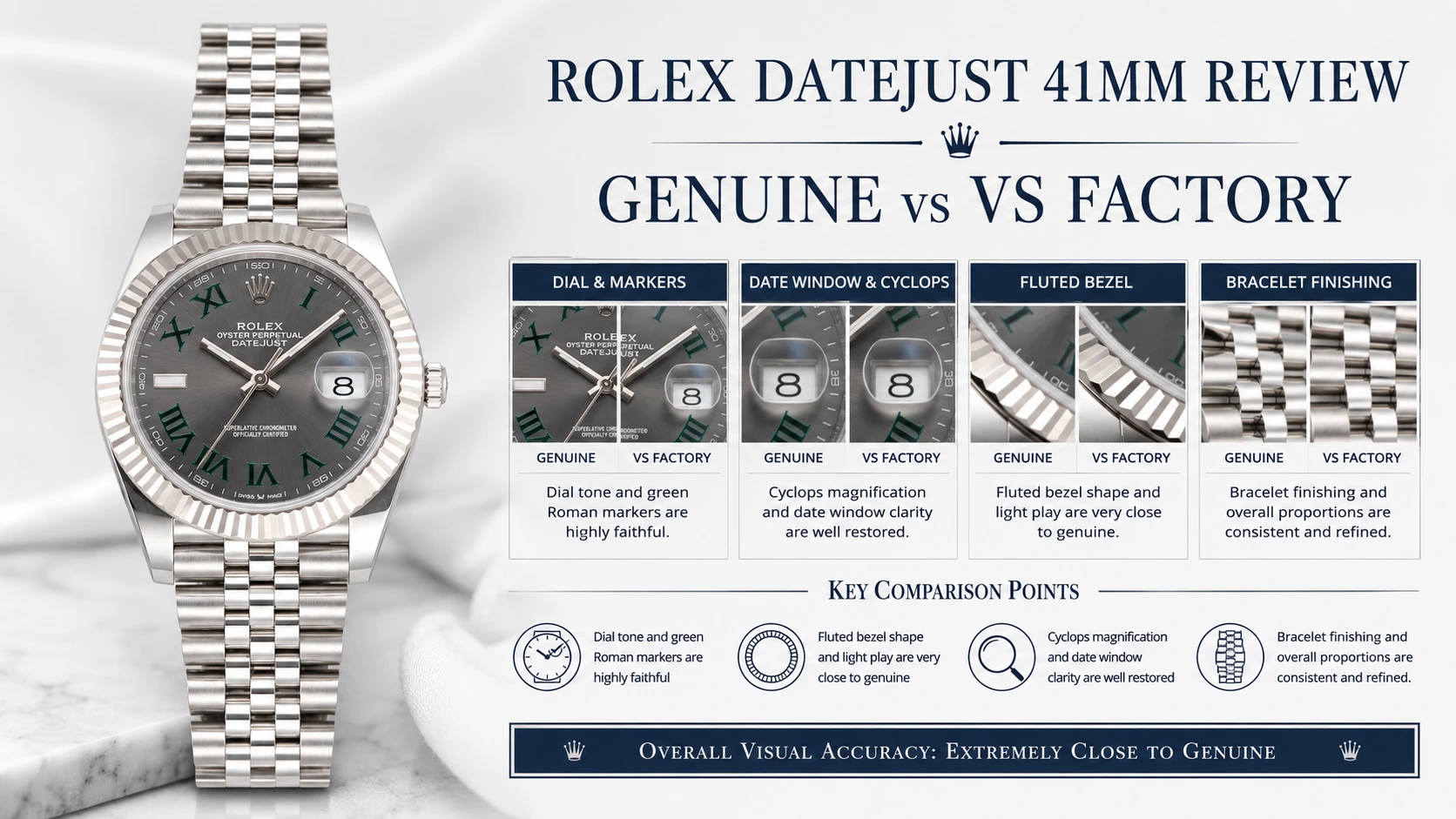 VS Factory vs genuine Rolex Datejust 41 Wimbledon 126334 comparison
