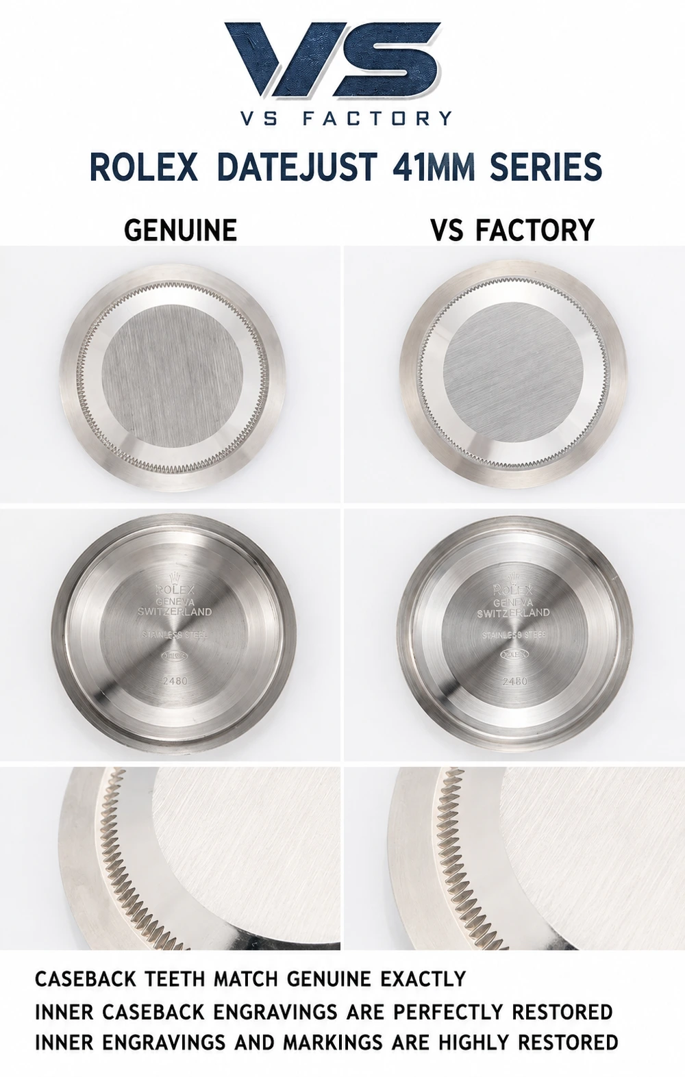 VS Factory and genuine Datejust 41 caseback and hallmark comparison
