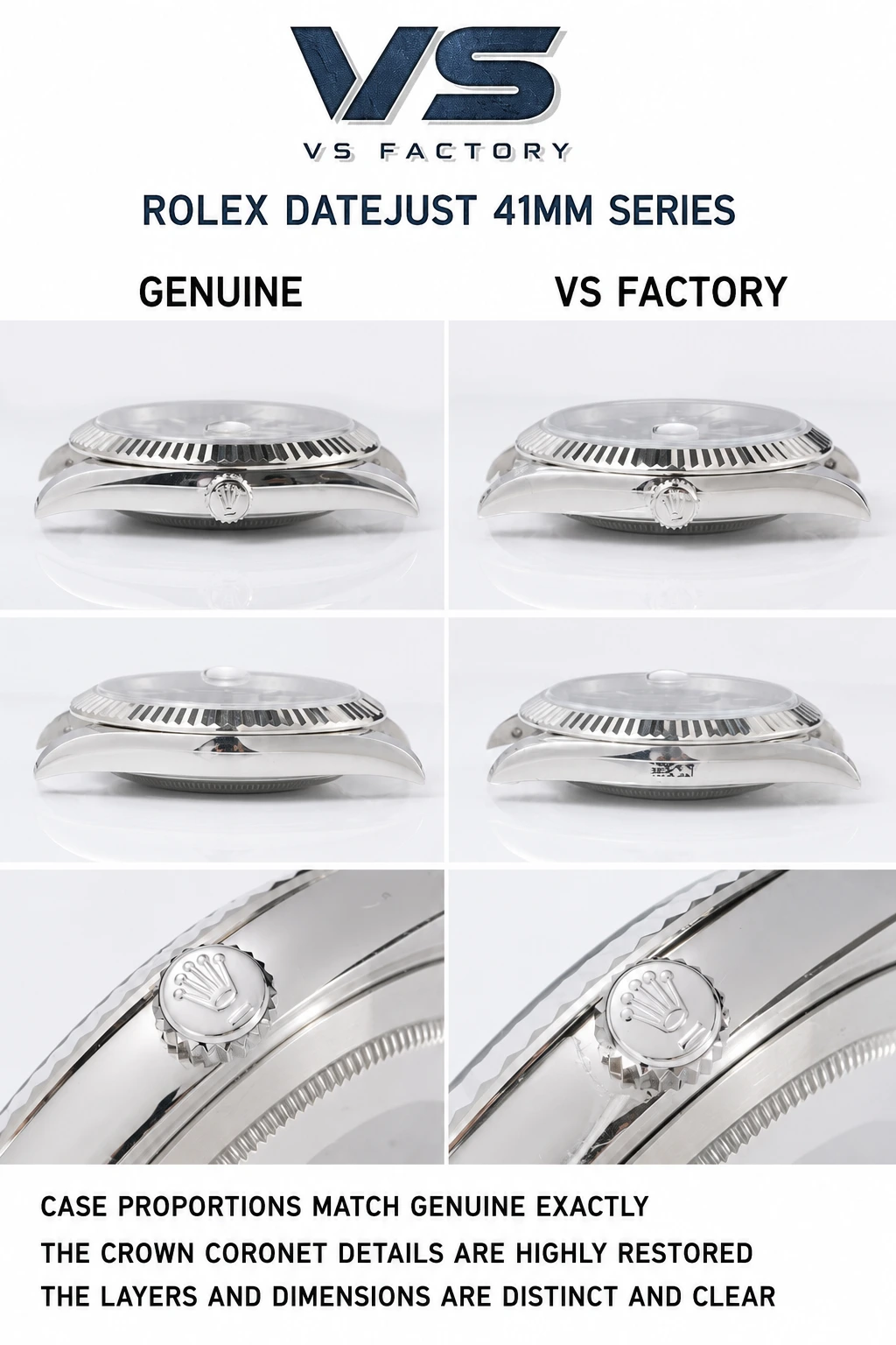 VS Factory and genuine Datejust 41 case profile and crown comparison