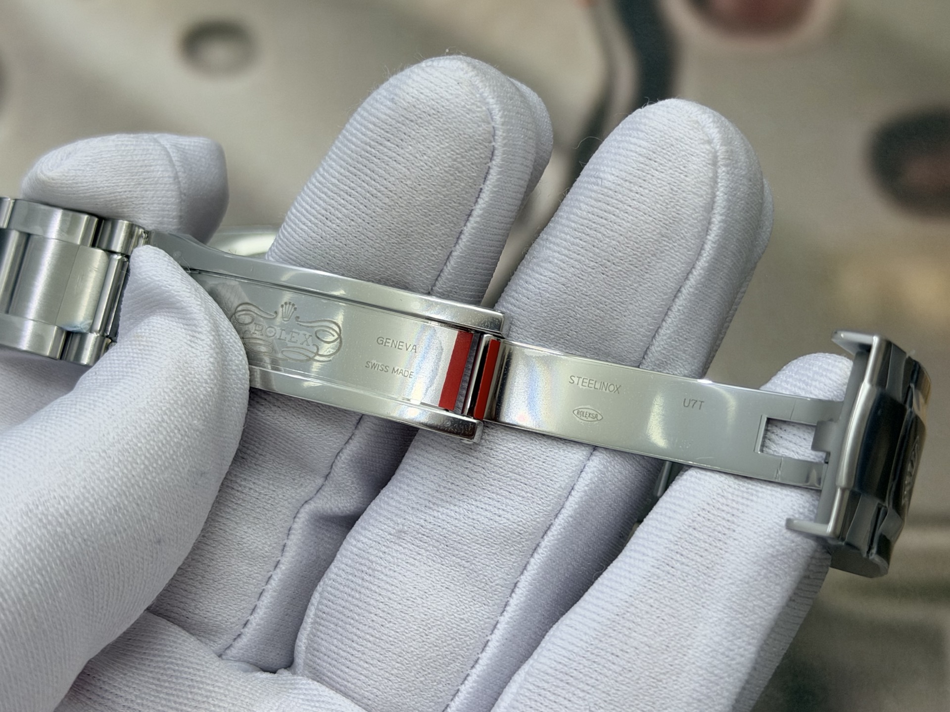 Open clasp interior with visible markings on the VSF Oyster Perpetual 36 bracelet