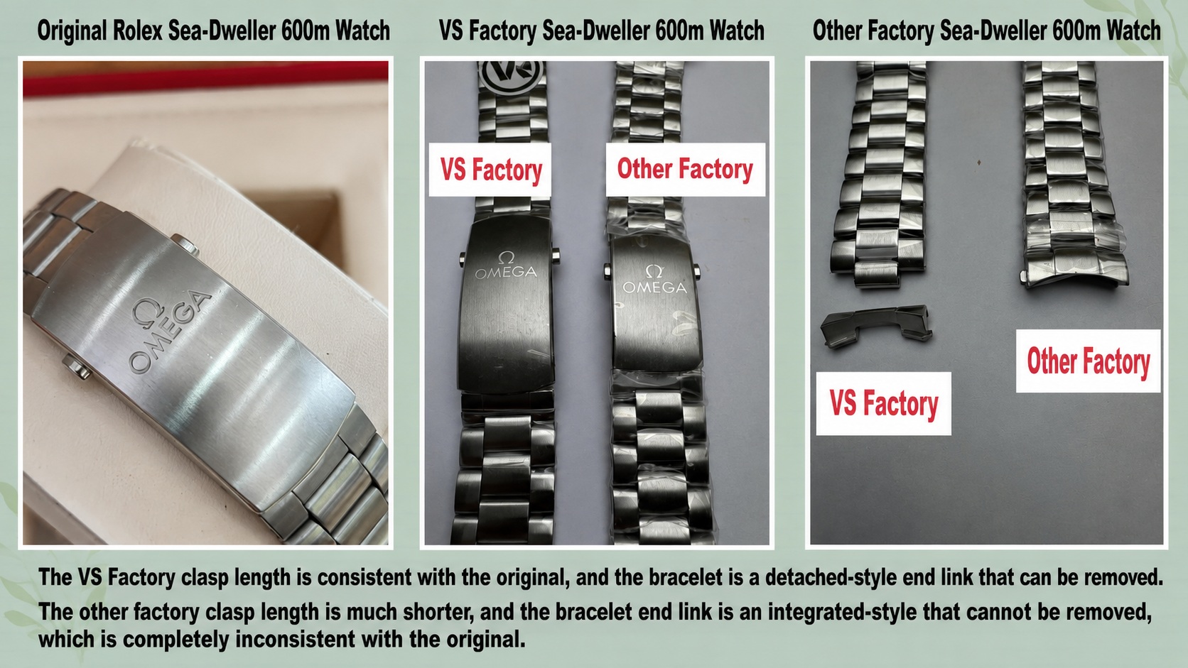 VSF Omega Planet Ocean 600M clasp length and separable first links compared with a shortened low-grade clasp