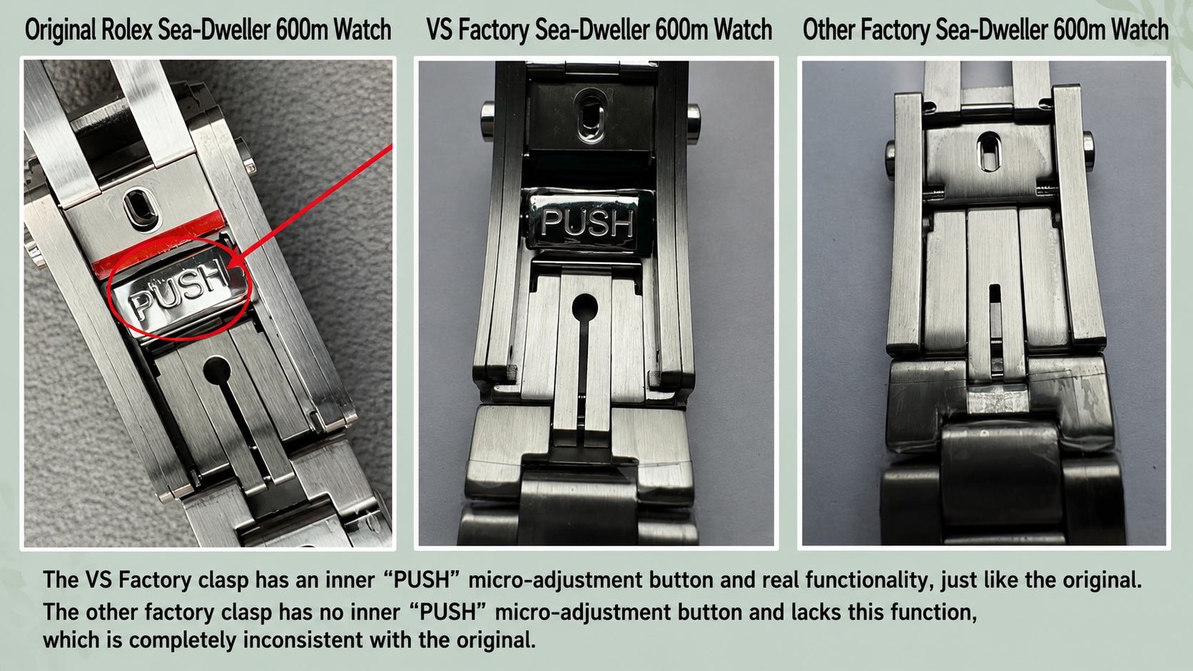 VS Factory Omega Planet Ocean 600M clasp PUSH micro-adjustment assembly versus a fixed budget plate
