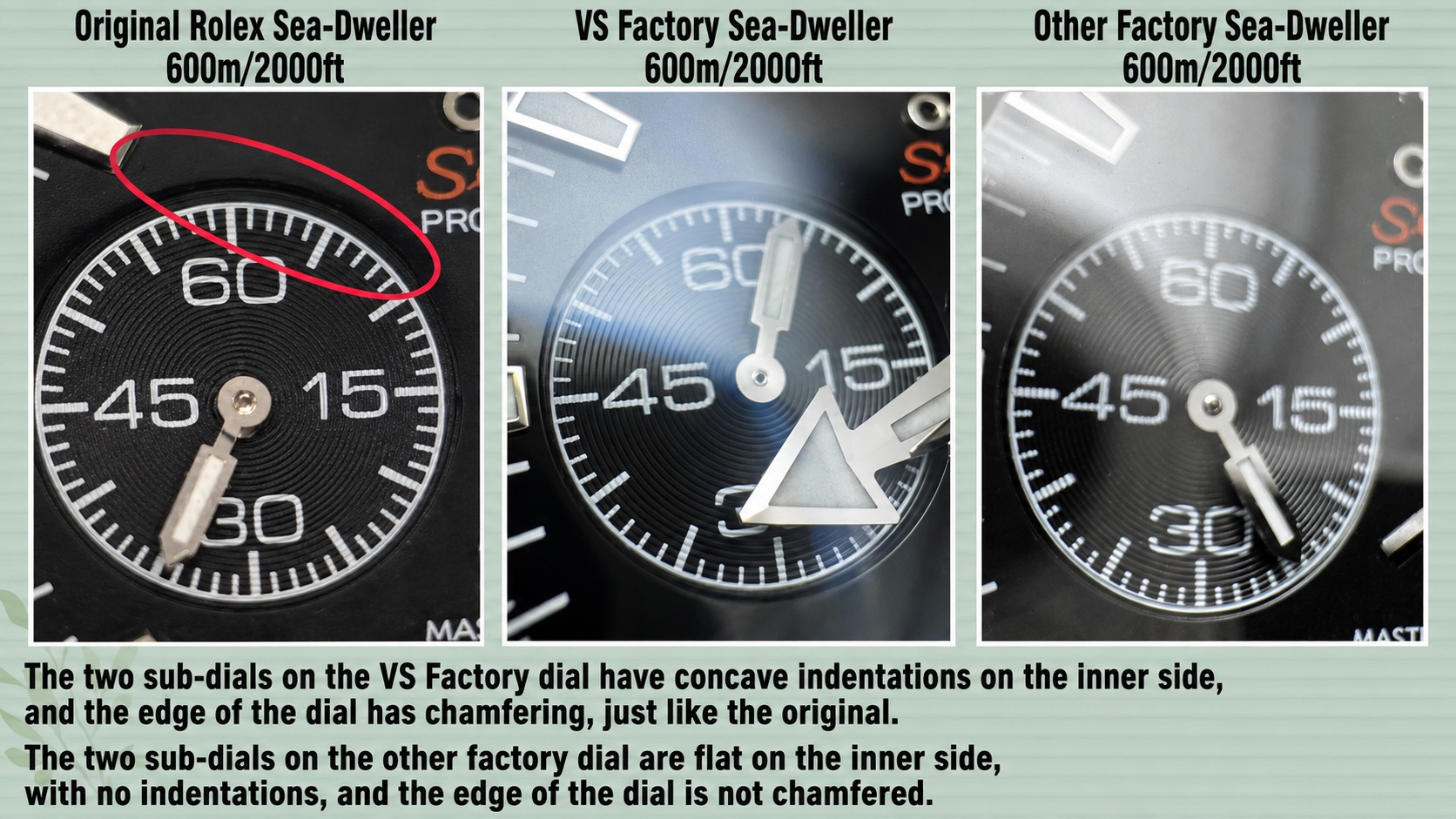 VS Factory Omega Planet Ocean 600M logo and orange 12 marker compared with a low-grade batch