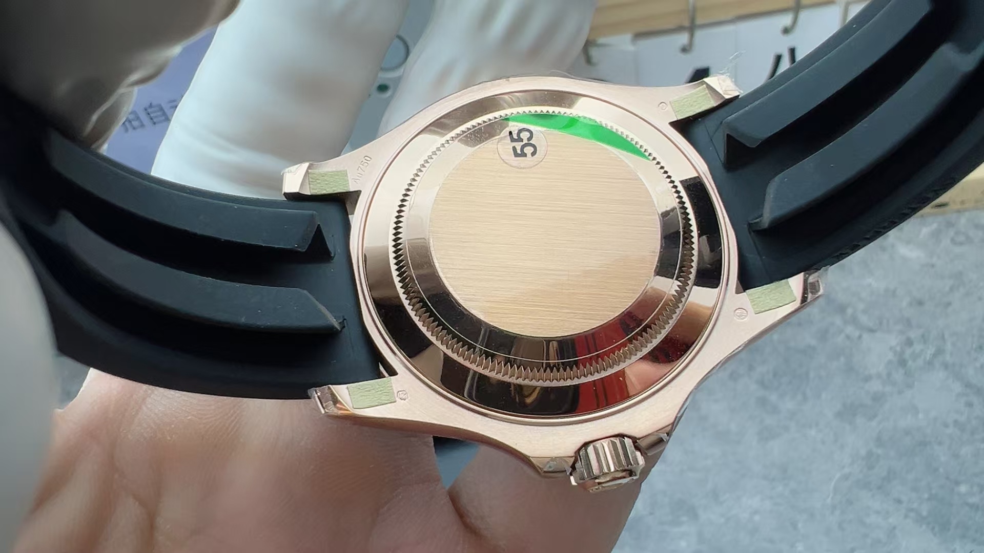 VSF Yacht-Master 126655 brushed caseback and Au750-style underside lug hallmarks
