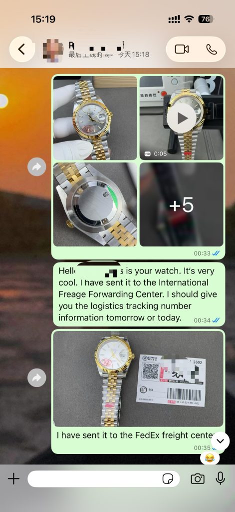 An anonymized WhatsApp conversation showing QC media and courier handover